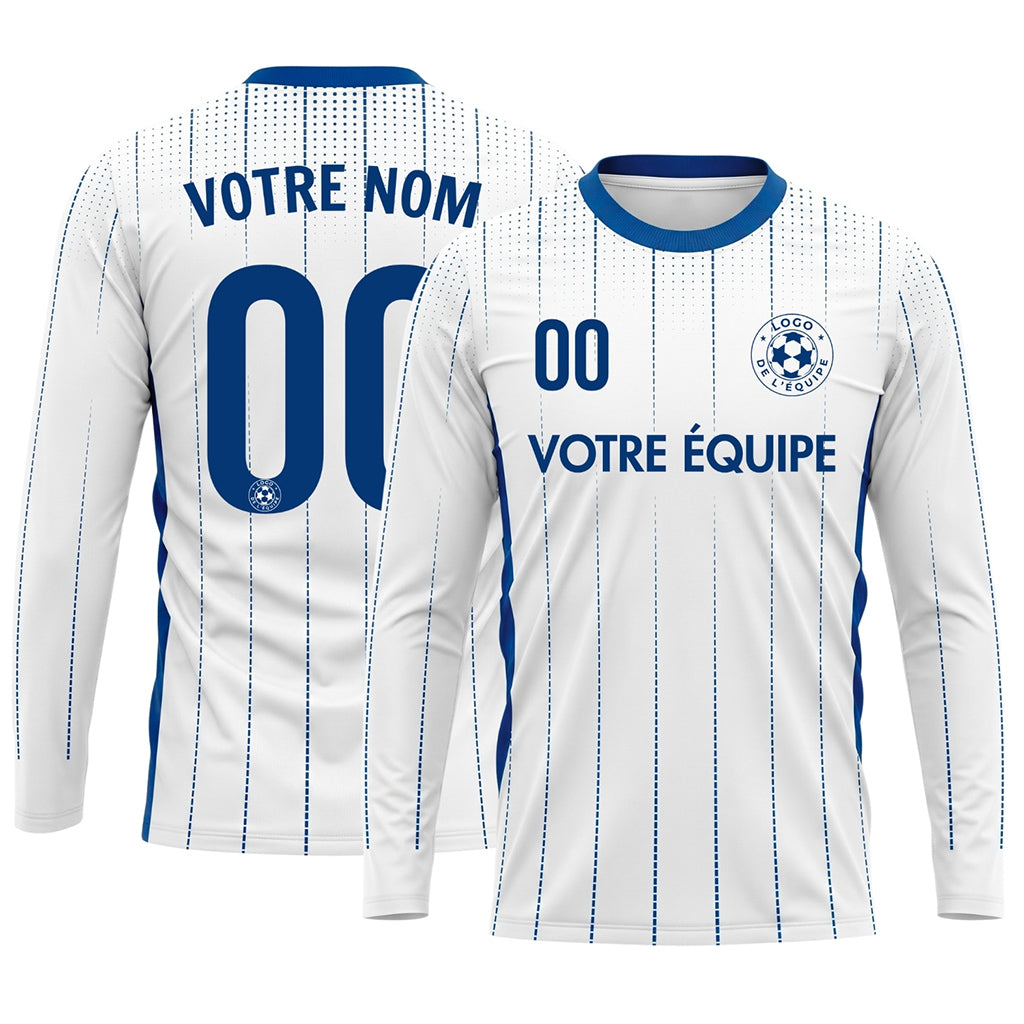 Blanc Bleu Rayures Verticales à Pois Maillot de Football Personnalisé à Manches Longues
