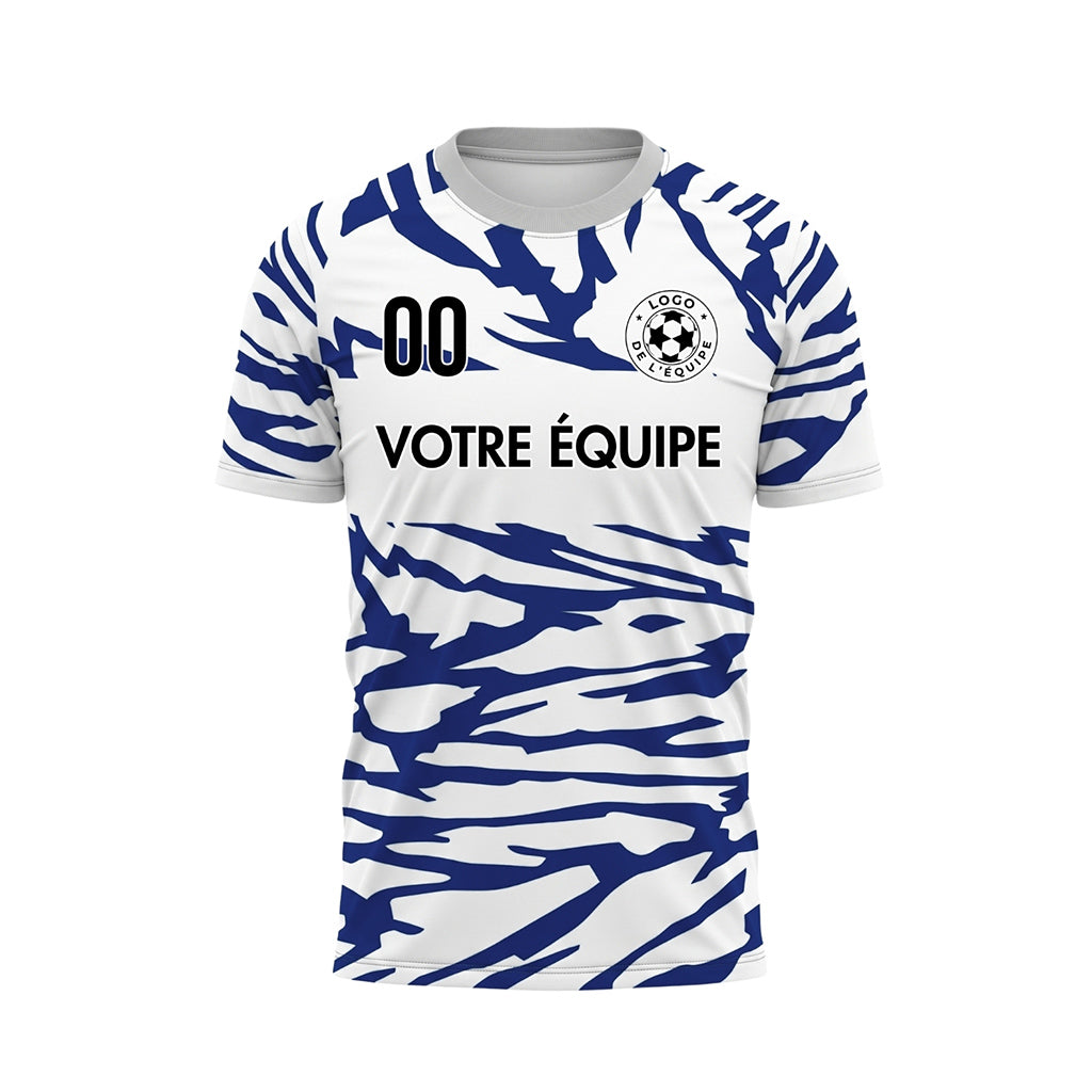 Blanc Bleu Tigre Rayures Empiècement Poitrine Motif Maillot de Football Personnalisé