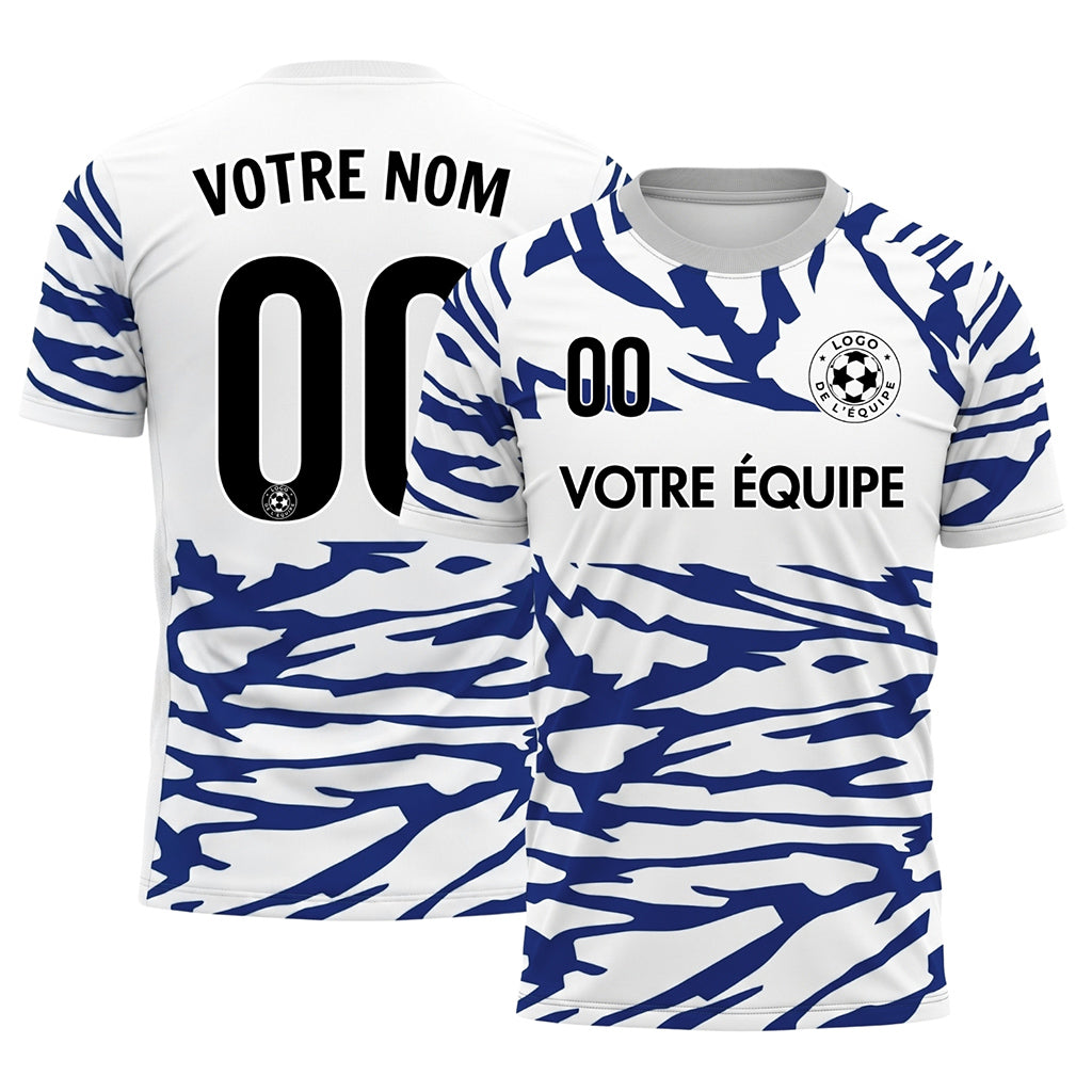 Blanc Bleu Tigre Rayures Empiècement Poitrine Motif Maillot de Football Personnalisé