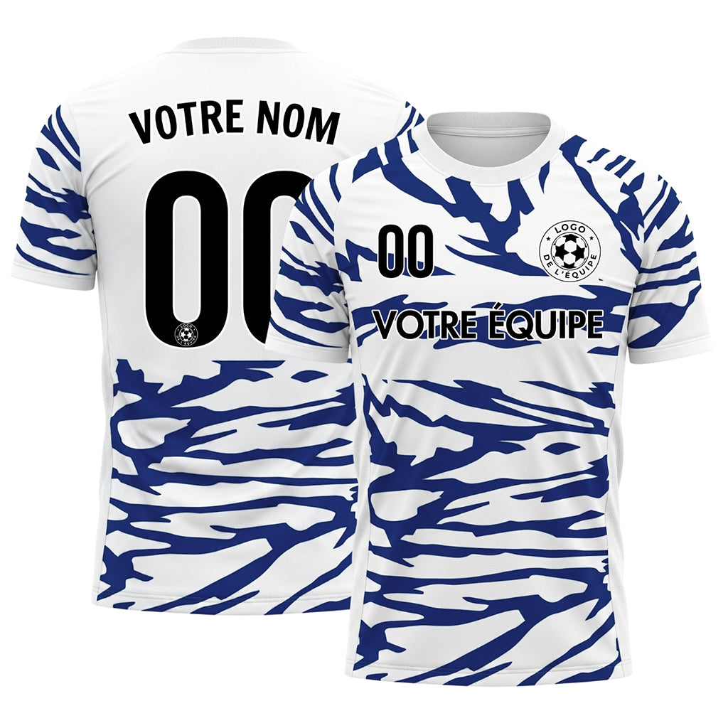 Blanc Bleu Tigre Rayures Motif Maillot de Football Personnalisé
