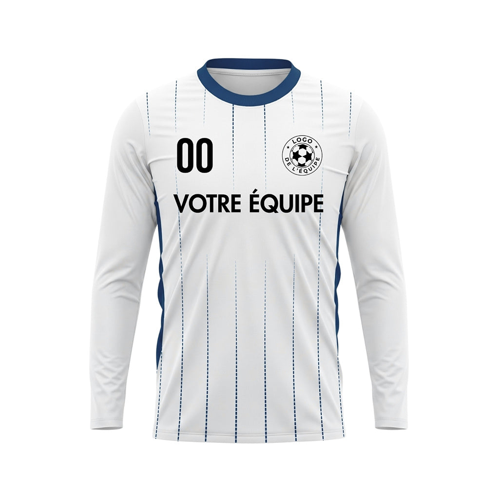 Blanc Bleu Foncé Fines Rayures Verticales Maillot de Football Personnalisé à Manches Longues