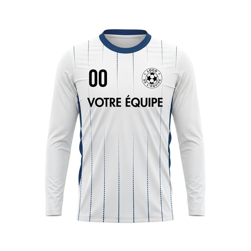 Blanc Bleu Foncé Fines Rayures Verticales Maillot de Football Personnalisé à Manches Longues
