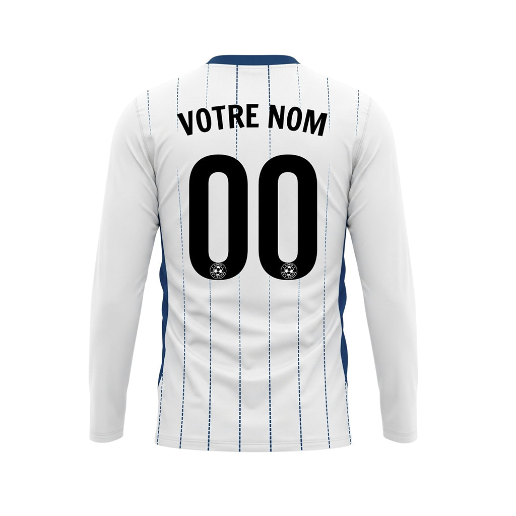Blanc Bleu Foncé Fines Rayures Verticales Maillot de Football Personnalisé à Manches Longues