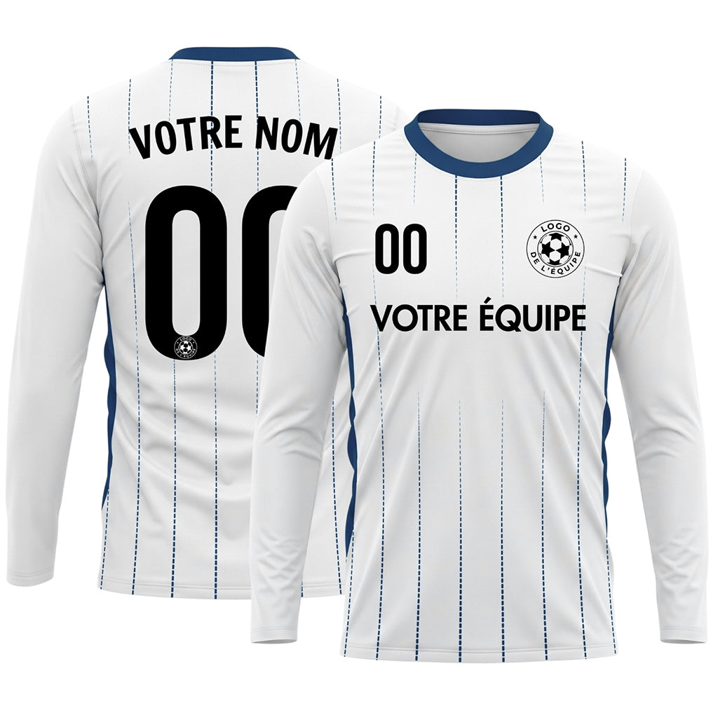 Blanc Bleu Foncé Fines Rayures Verticales Maillot de Football Personnalisé à Manches Longues