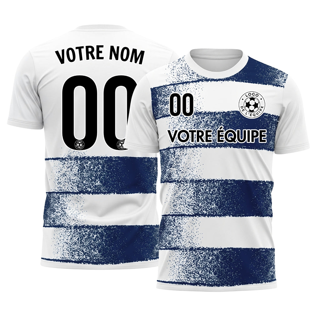 Blanc Bleu Foncé Effet Spray Horizontales Rayures Motif Maillot de Football Personnalisé