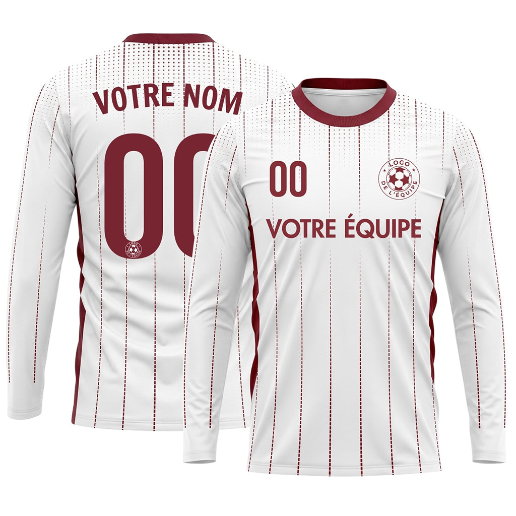 Blanc Rouge Foncé Maillot de Foot Personnalisé à Manches Longues