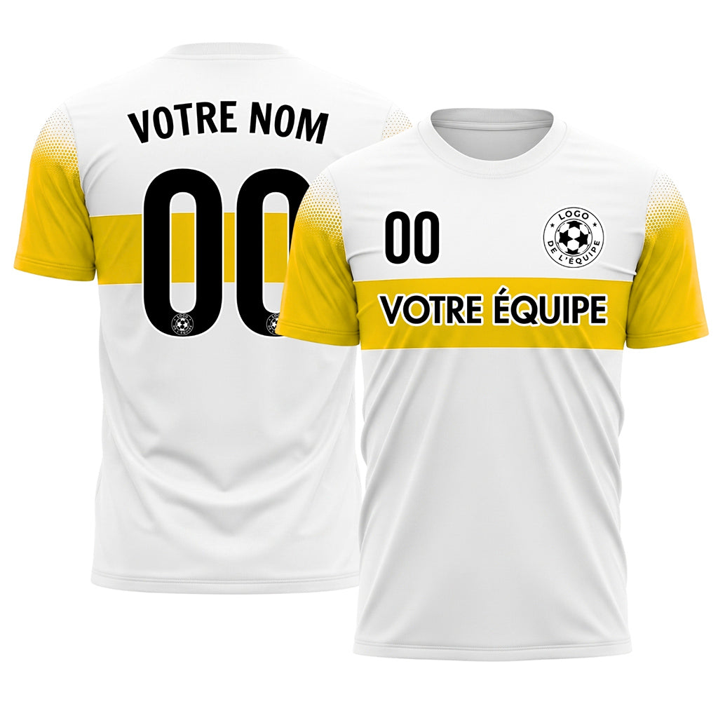 Blanc Jaune Rayures Poitrine Demi-Teinte Épaule Motif Maillot de Football Personnalisé