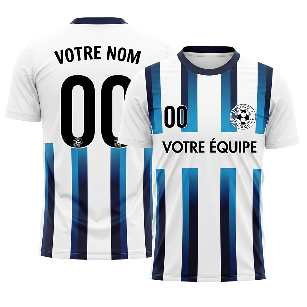 Blanc Bleu Clair Bleu Foncé Dégradé Rayures Maillot de Football Personnalisé