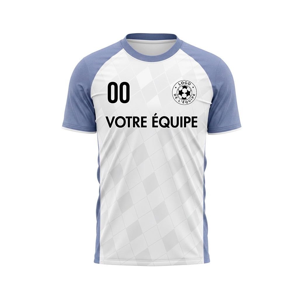 Blanc Bleu Clair Motif Losange Raglan Maillot de Football Personnalisé