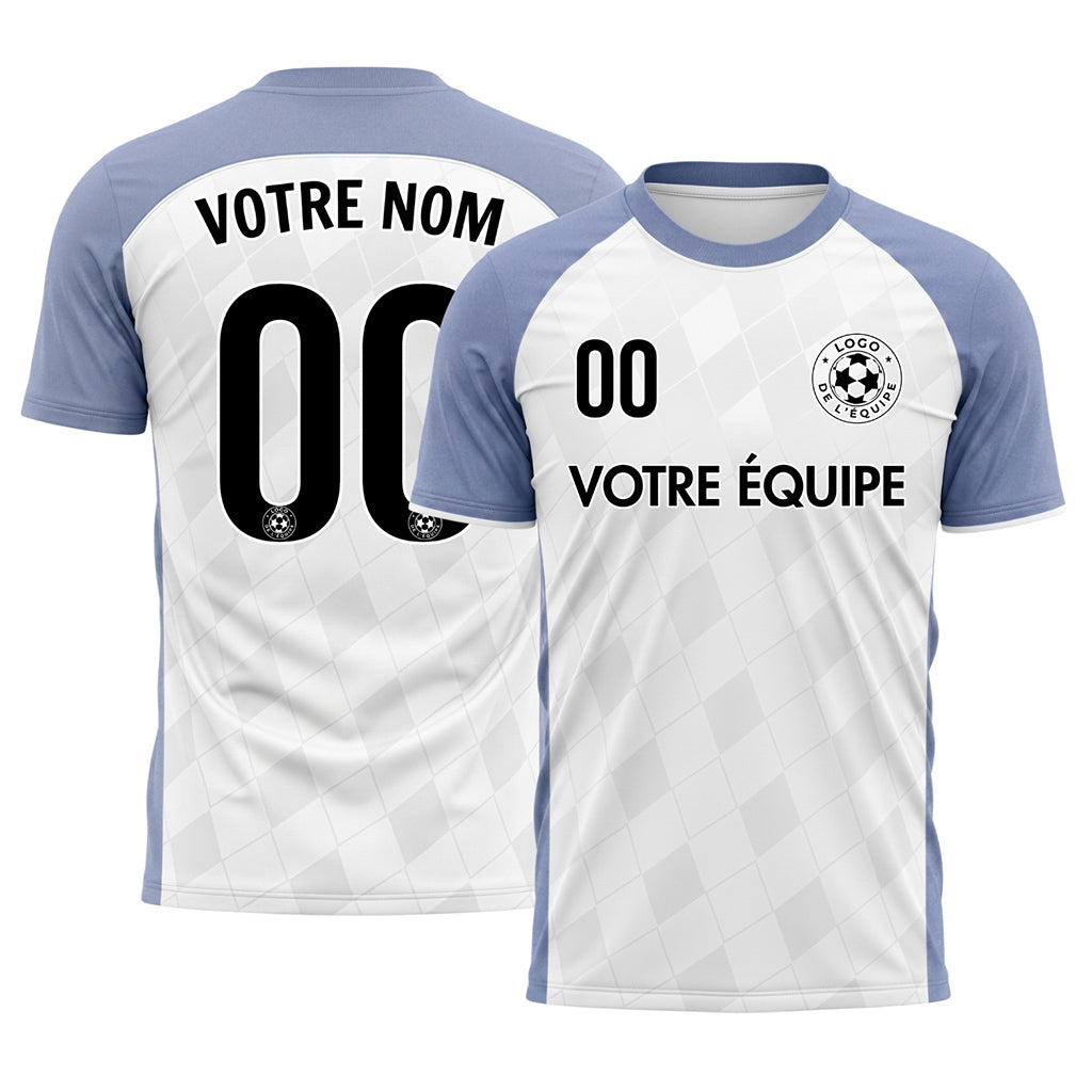 Blanc Bleu Clair Motif Losange Raglan Maillot de Football Personnalisé