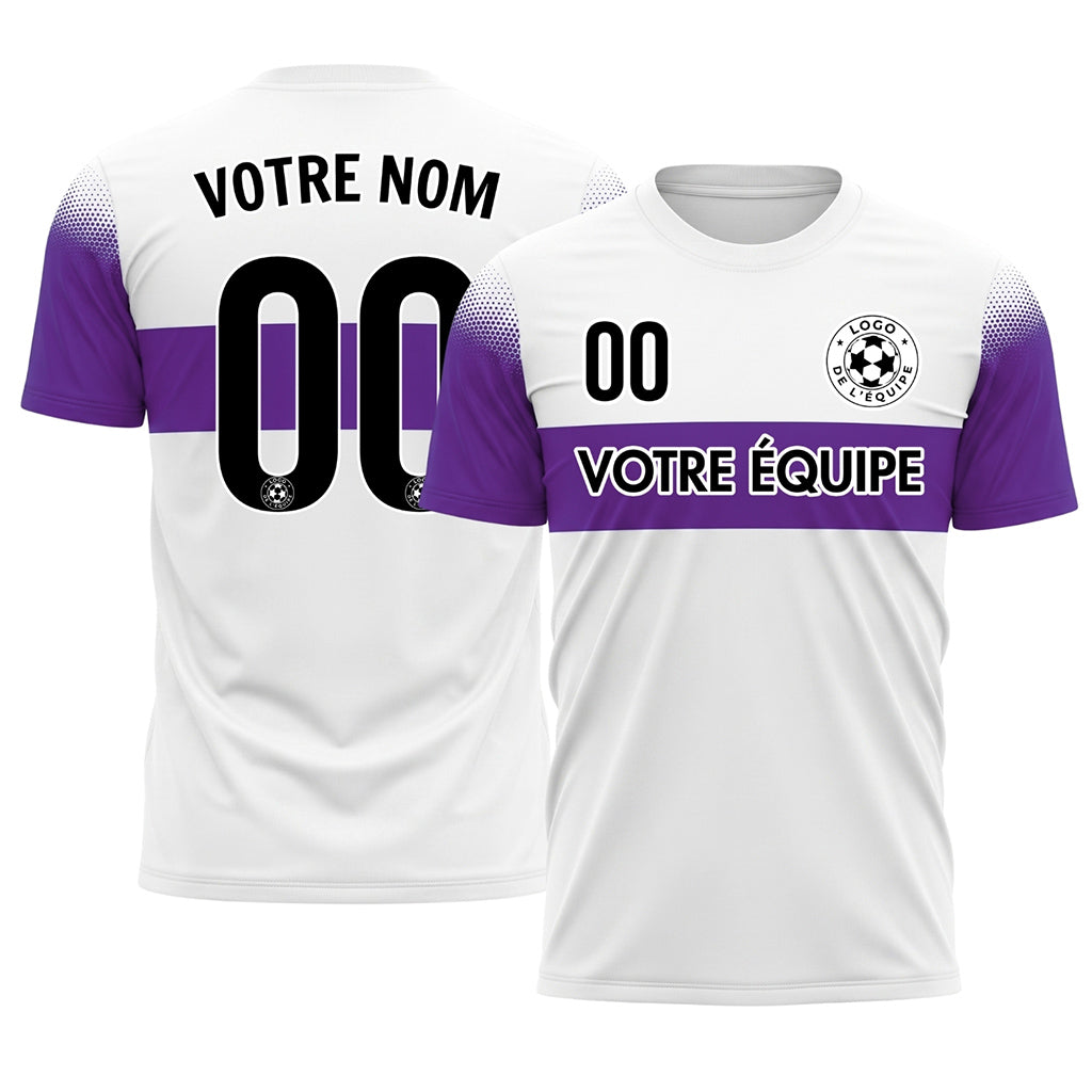 Blanc Violet Rayures Poitrine Demi-Teinte Épaule Motif Maillot de Football Personnalisé