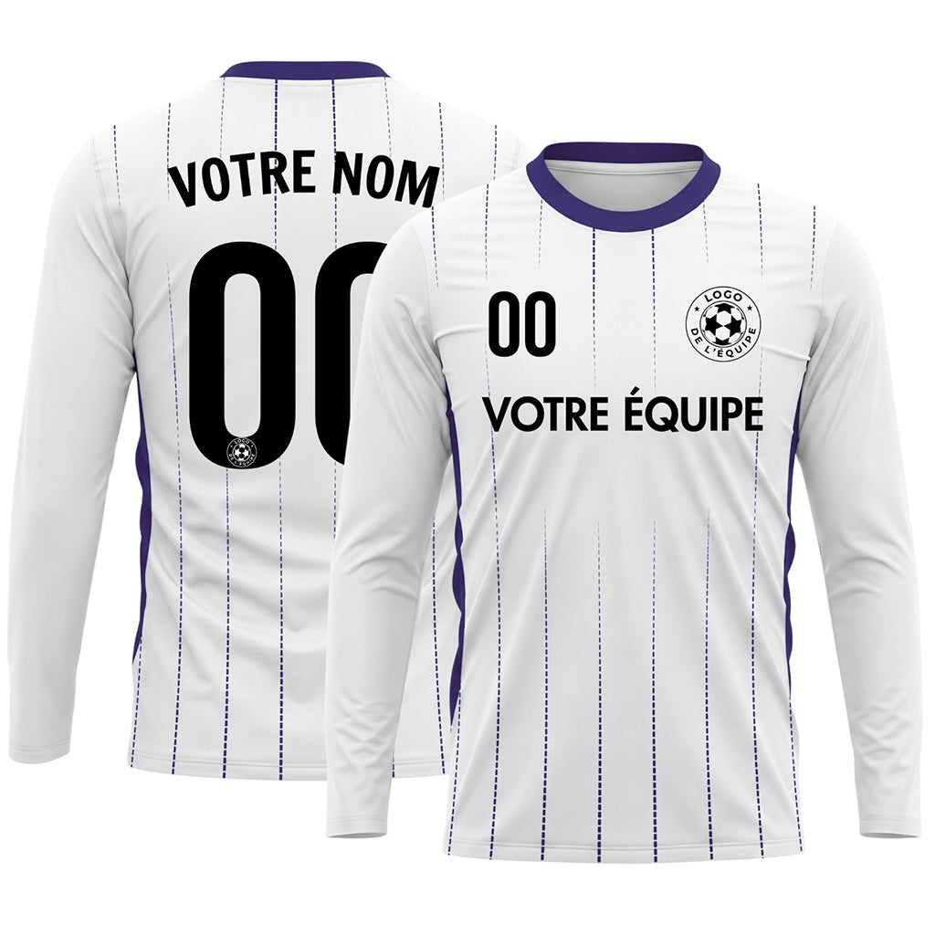 Blanc Violet Fines Rayures Verticales Maillot de Football Personnalisé à Manches Longues