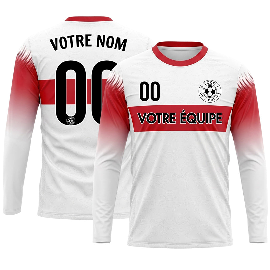 Blanc Rouge Rayures Horizontales Dégradées aux Manches Maillot de Football Personnalisé à Manches Longues