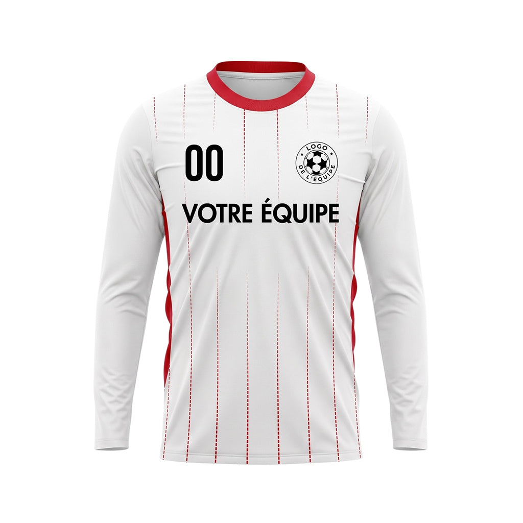 Blanc Rouge Fines Rayures Verticales Maillot de Football Personnalisé à Manches Longues