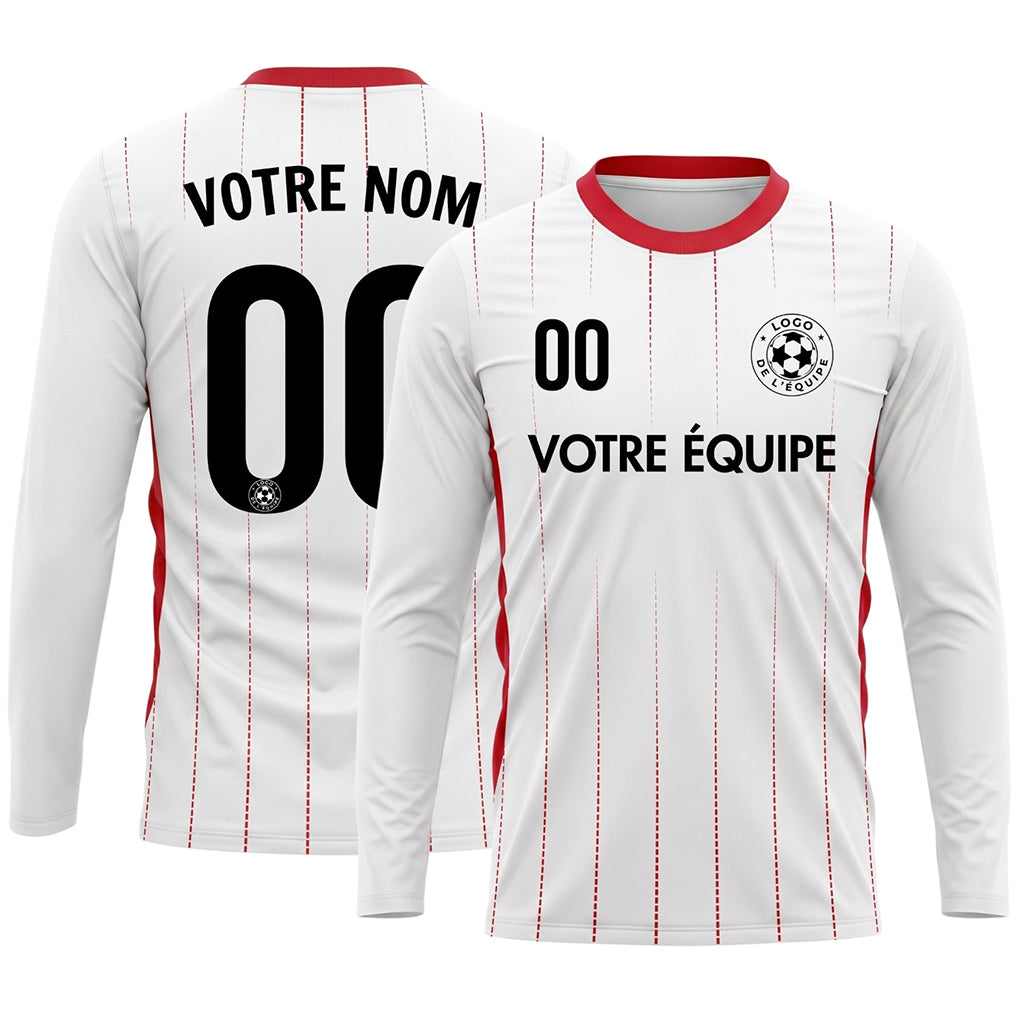 Blanc Rouge Fines Rayures Verticales Maillot de Football Personnalisé à Manches Longues
