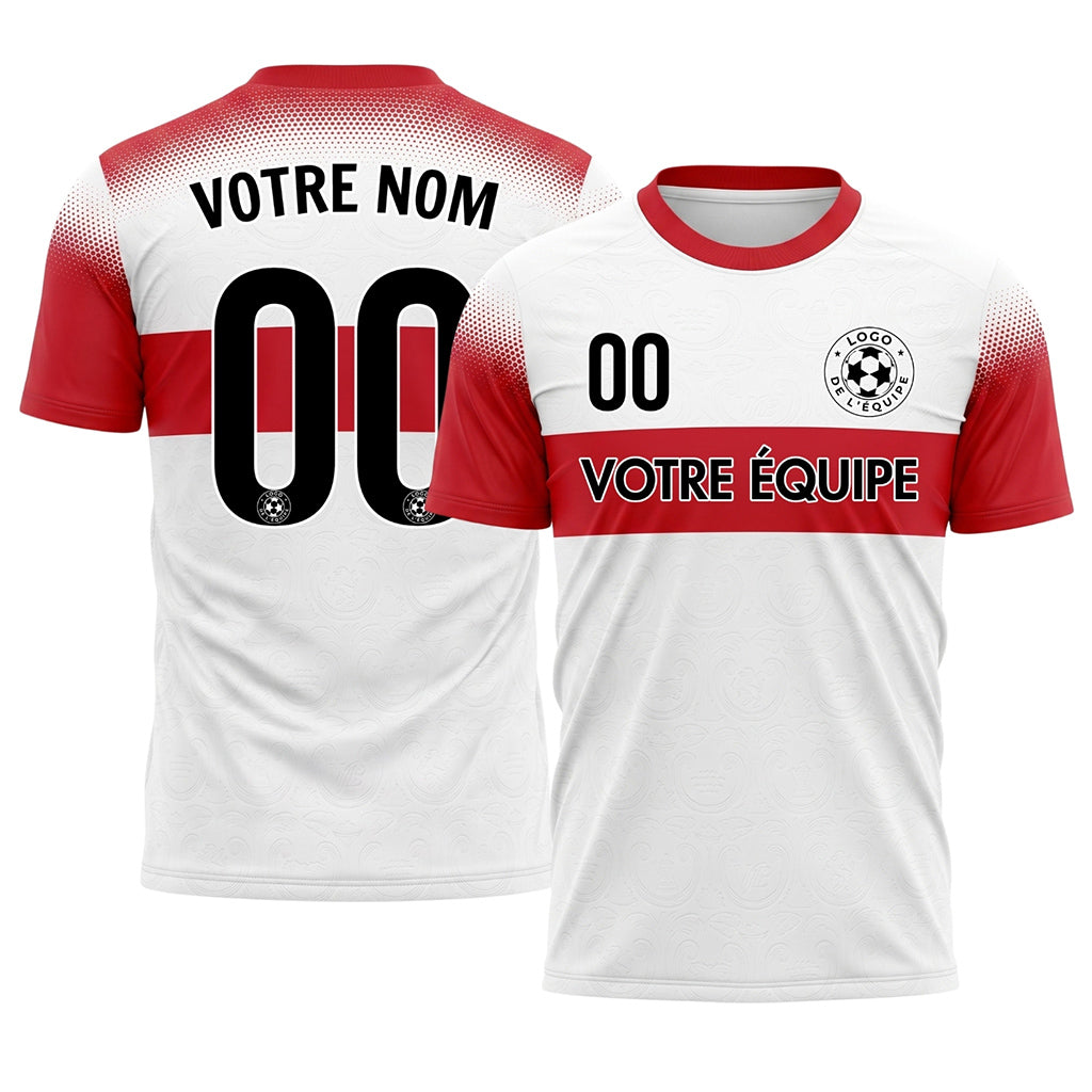 Blanc Rouge Demi-Teinte Rayures Poitrine Maillot de Football Personnalisé