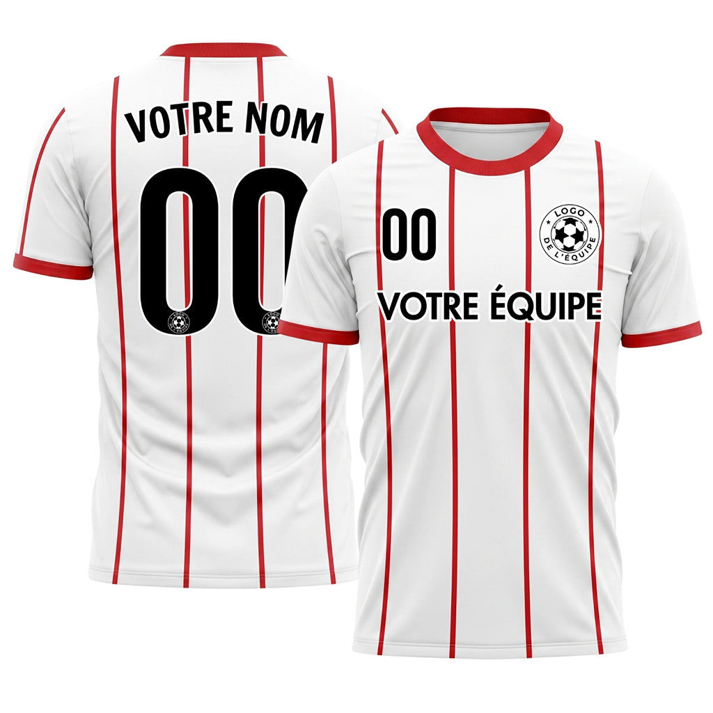 Blanc Rouge Rayures Fines Contraste Col Motif Maillot de Football Personnalisé