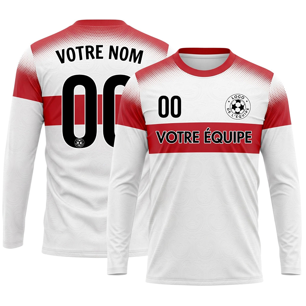 Blanc Rouge Rayures Horizontales Dégradées à Pois Maillot de Football Personnalisé à Manches Longues