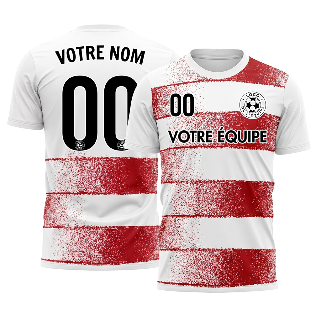Blanc Rouge Effet Spray Horizontales Rayures Motif Maillot de Football Personnalisé