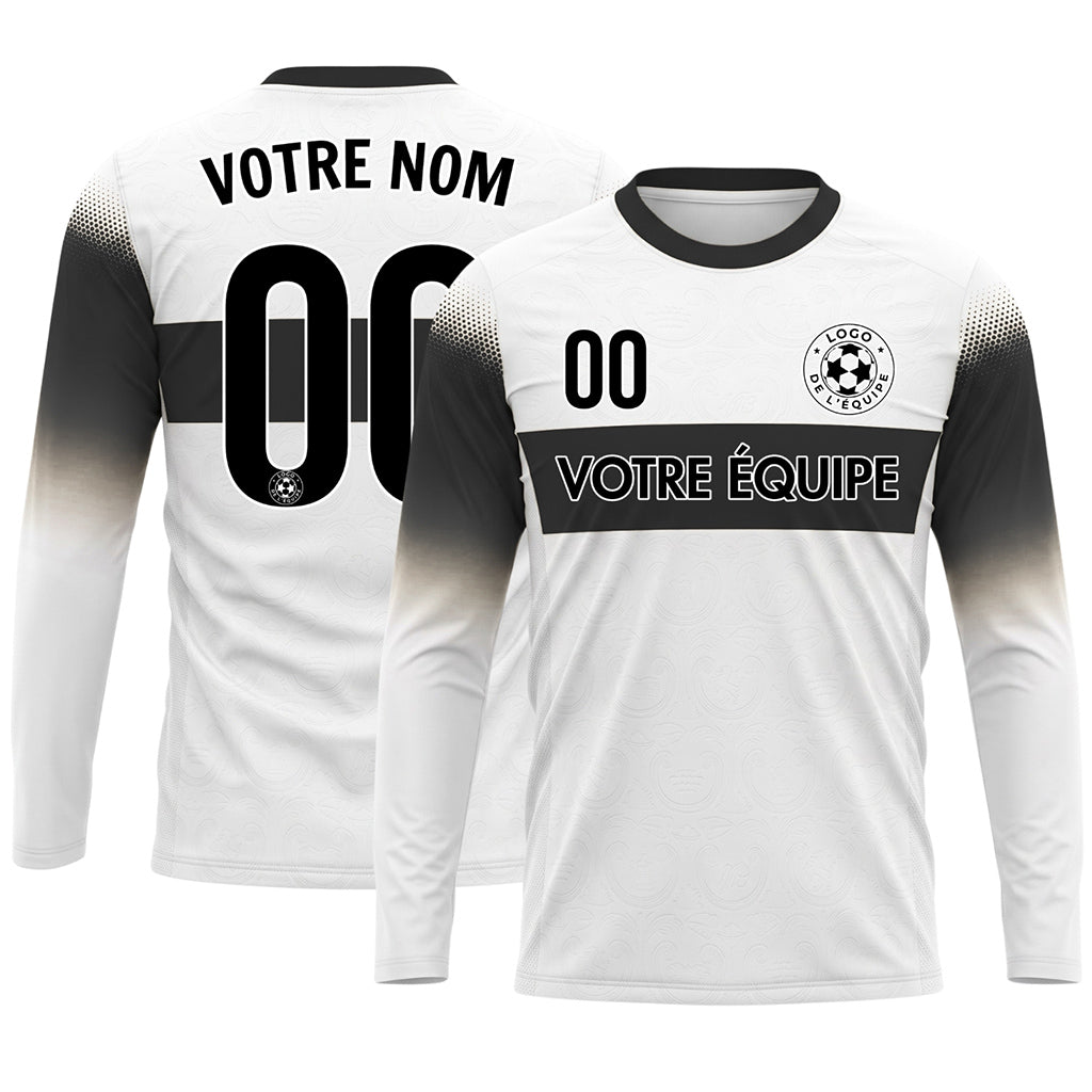 Blanc Noir Rayures Horizontales Dégradées aux Manches Maillot de Football Personnalisé à Manches Longues