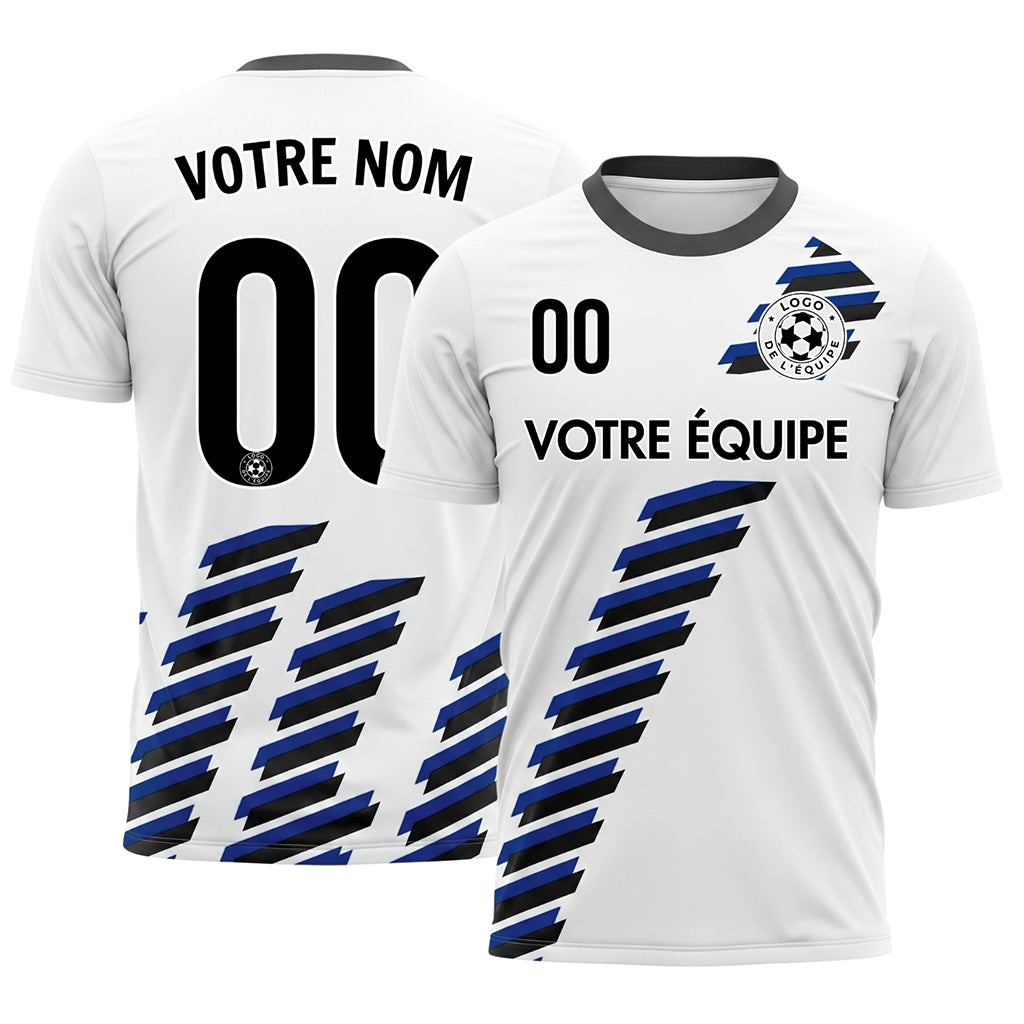 Blanc Noir Bleu Diagonales Rayures Géométrique Motif Maillot de Football Personnalisé