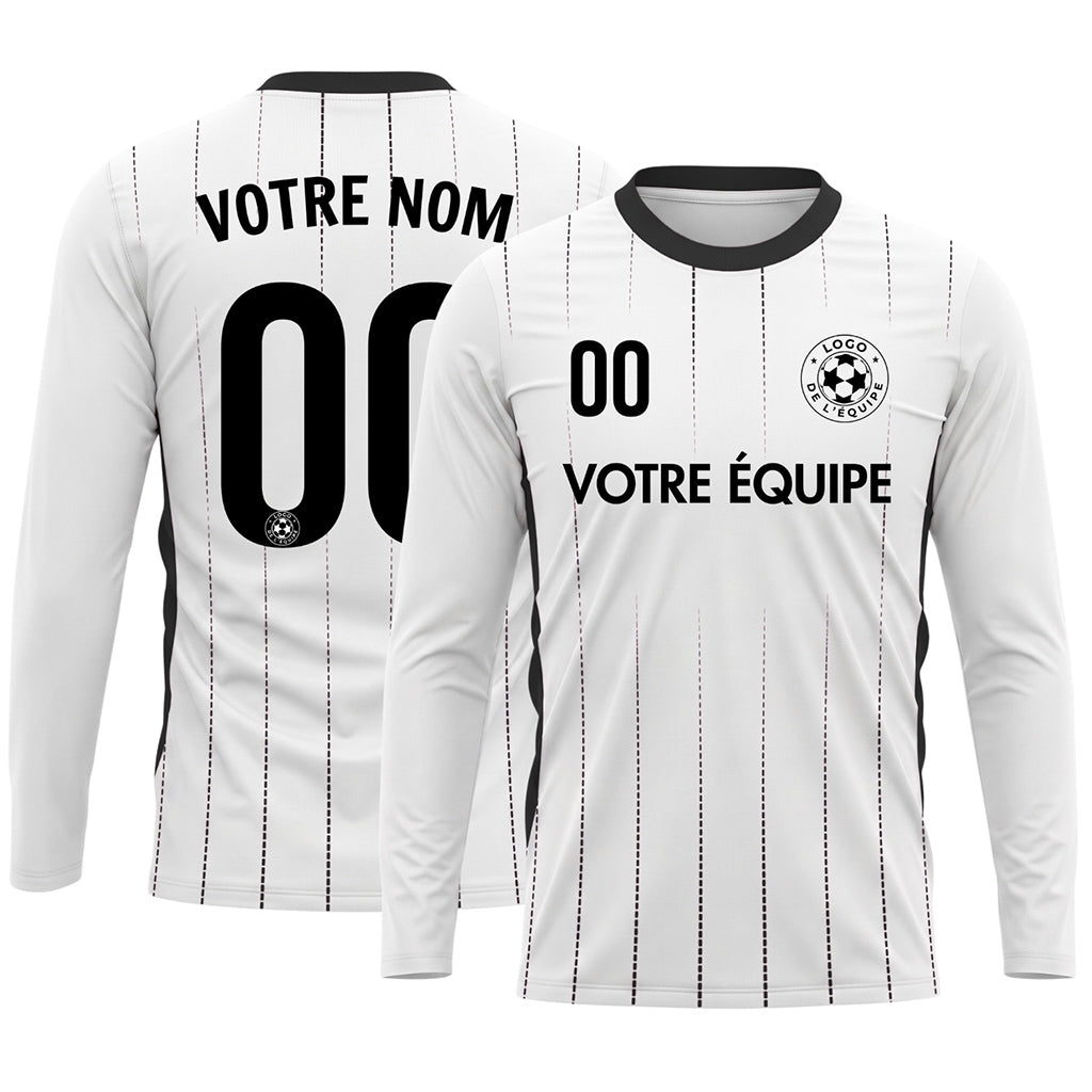Blanc Noir Fines Rayures Verticales Maillot de Football Personnalisé à Manches Longues